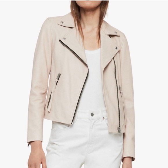All Saints Dalby Slim Fit Biker Jacket Lamb Leather Blush pink Size 2 Zipper - Picture 4 of 15